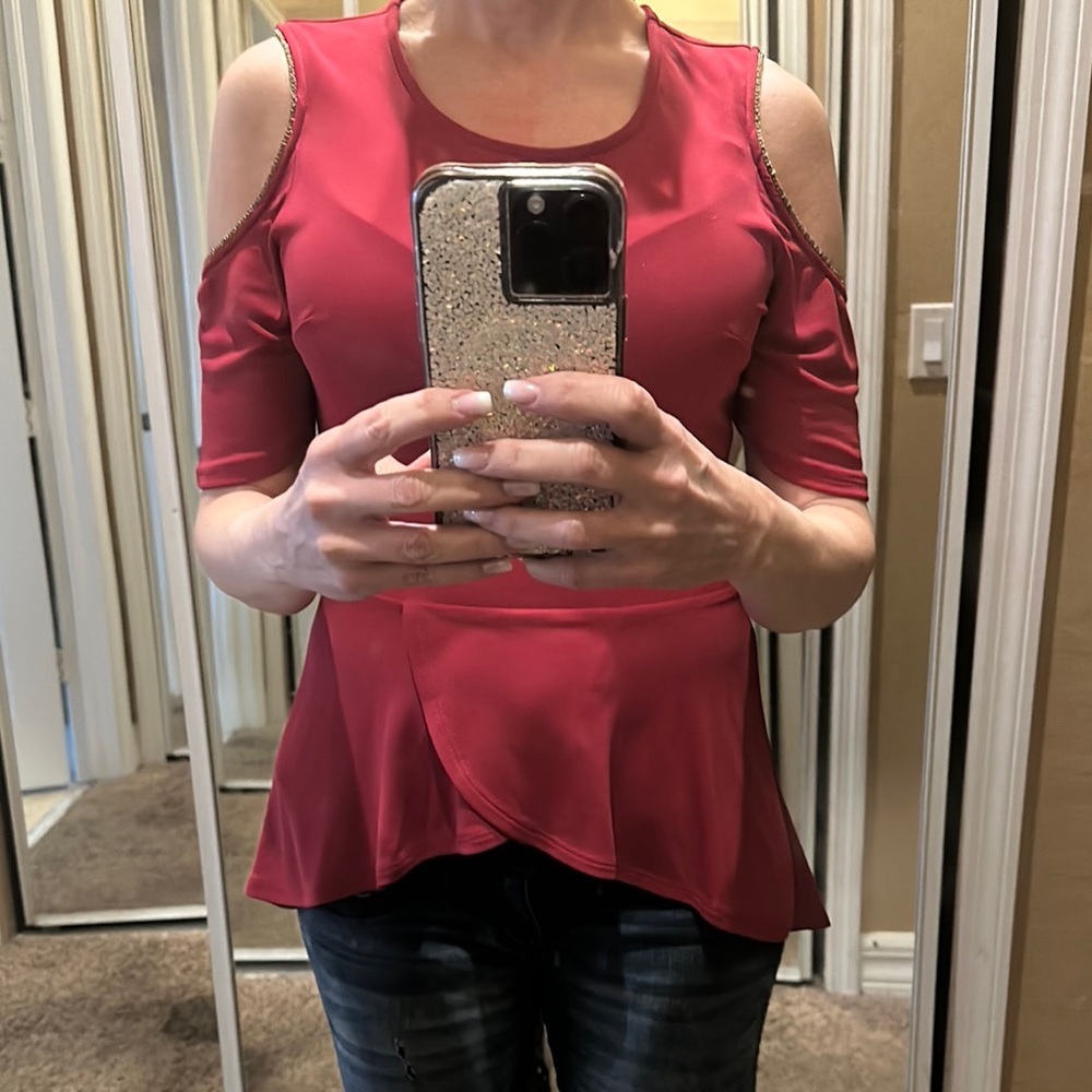 Bebe Red Peplum Cut Out Blouse